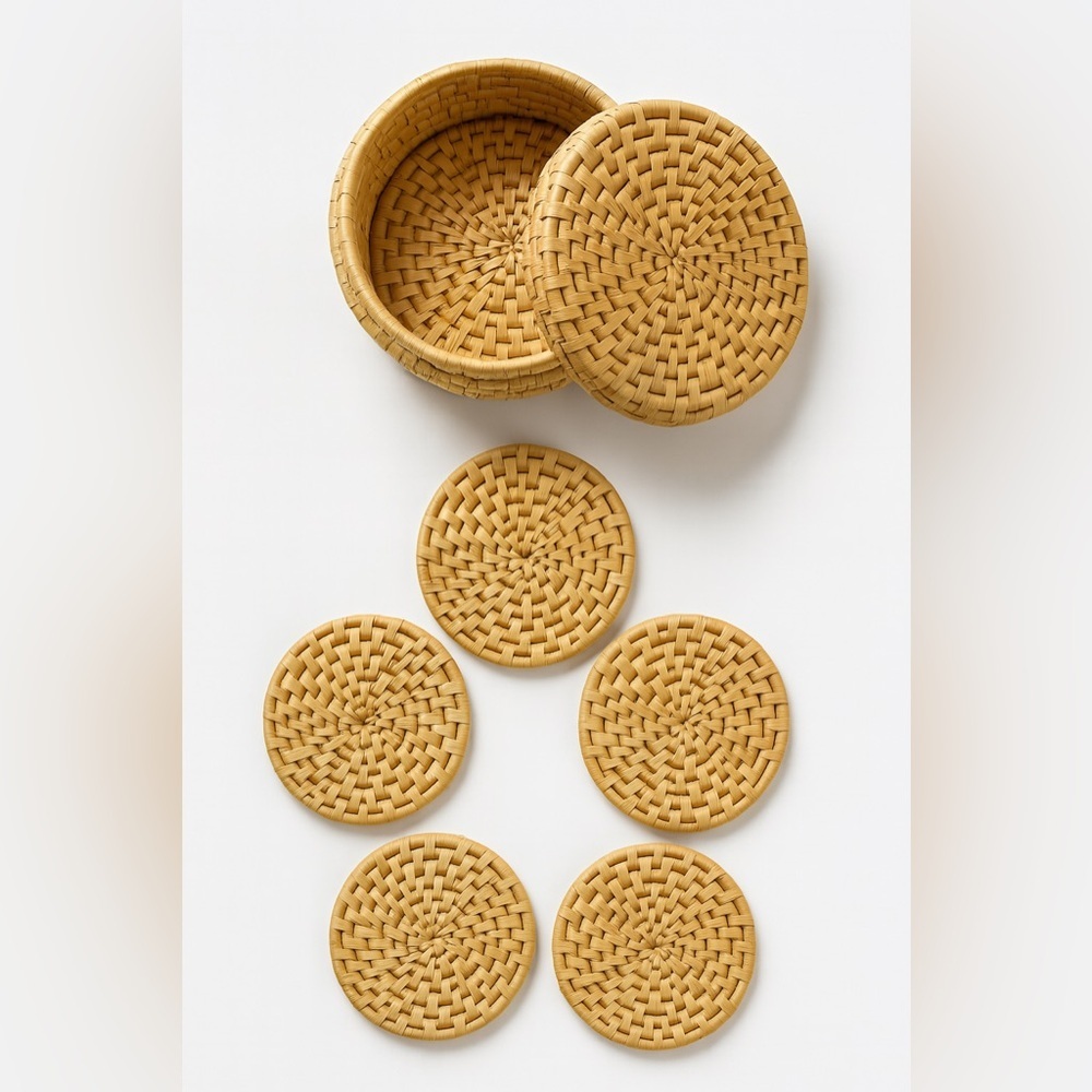 Vintage Woven Straw Basket Coaster Set Rattan